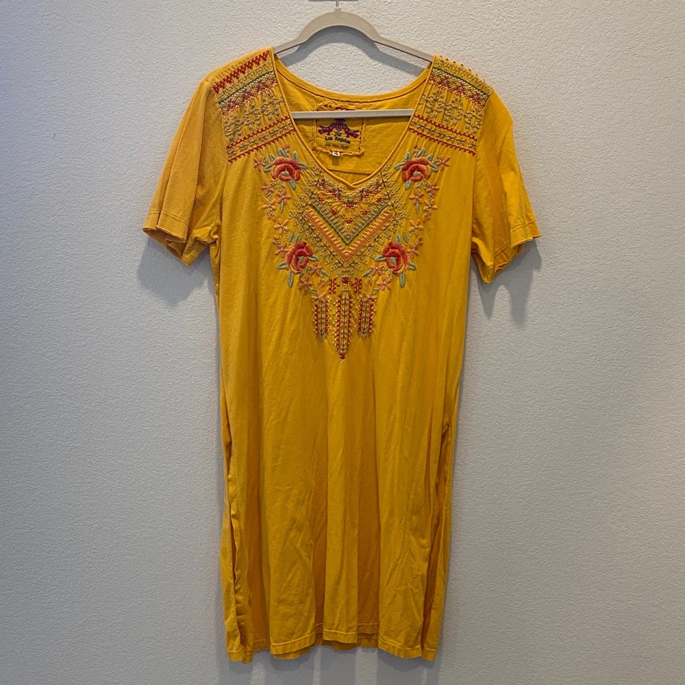 Johnny Was Yellow Embroidered Tunic with Pink & Green Accents